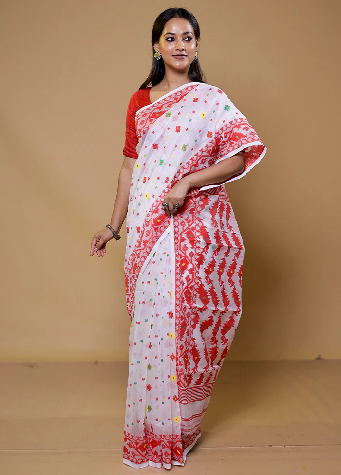 White Tant Jamdani Saree Without Blouse Piece - Image 2