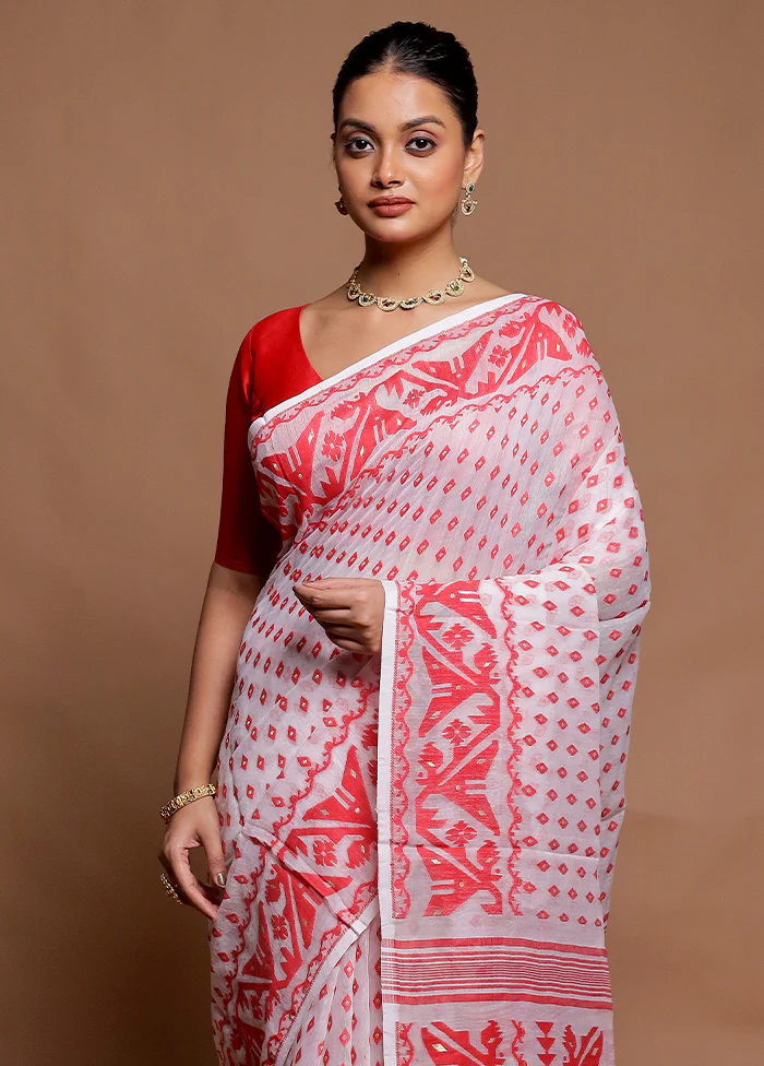 White Tant Jamdani Saree Without Blouse Piece - Image 2