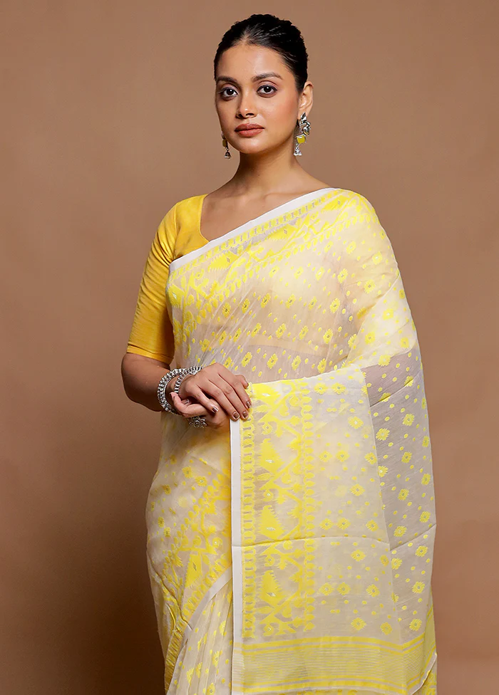 White Tant Jamdani Saree Without Blouse Piece - Image 2