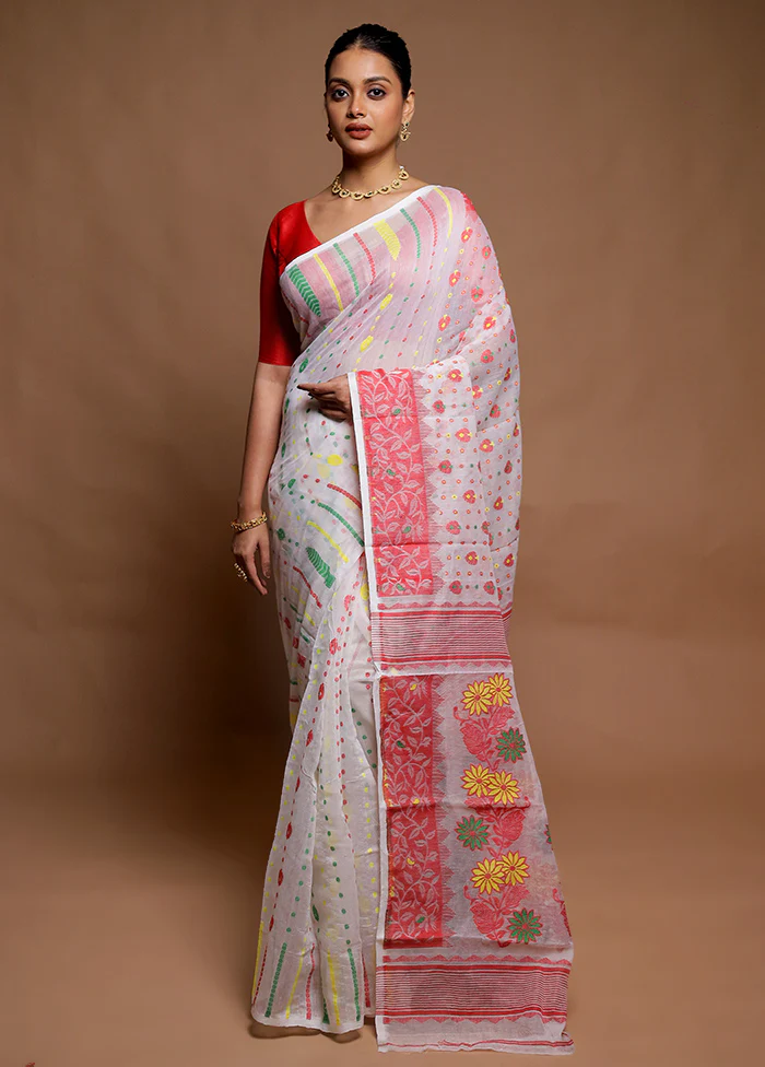 White Tant Jamdani Saree Without Blouse Piece