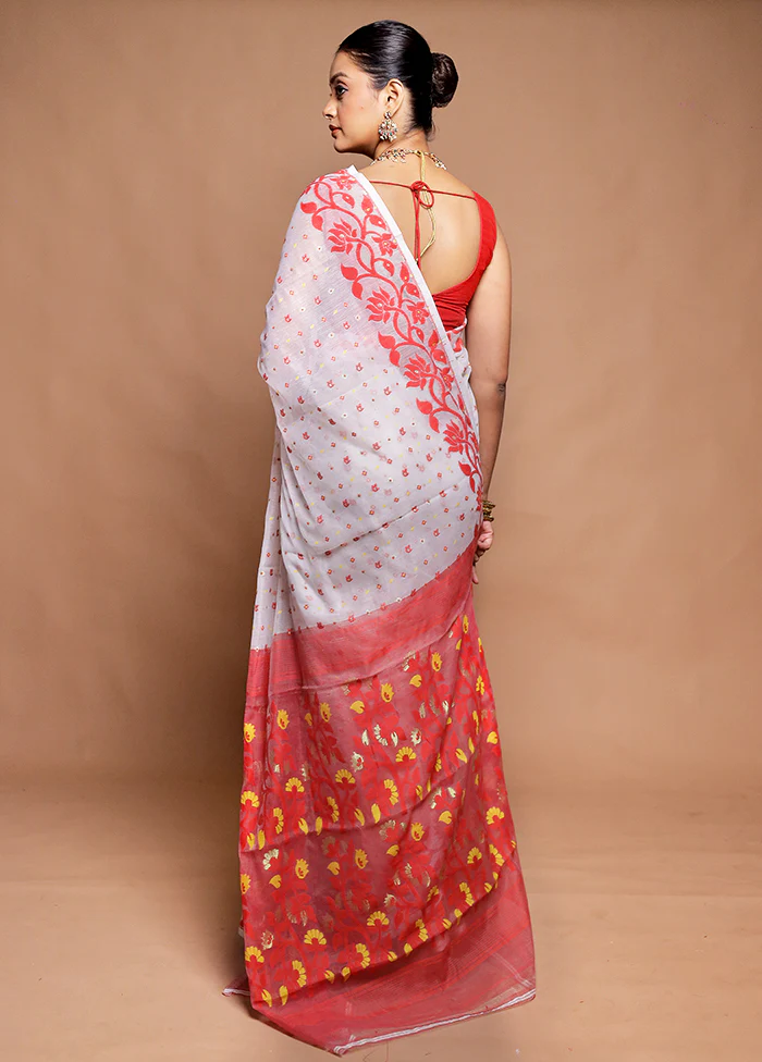 White Tant Jamdani Saree Without Blouse Piece - Image 3