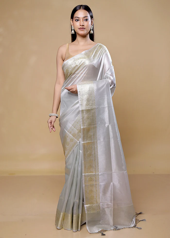 White Tissue Silk Saree With Blouse Piece - Image 2