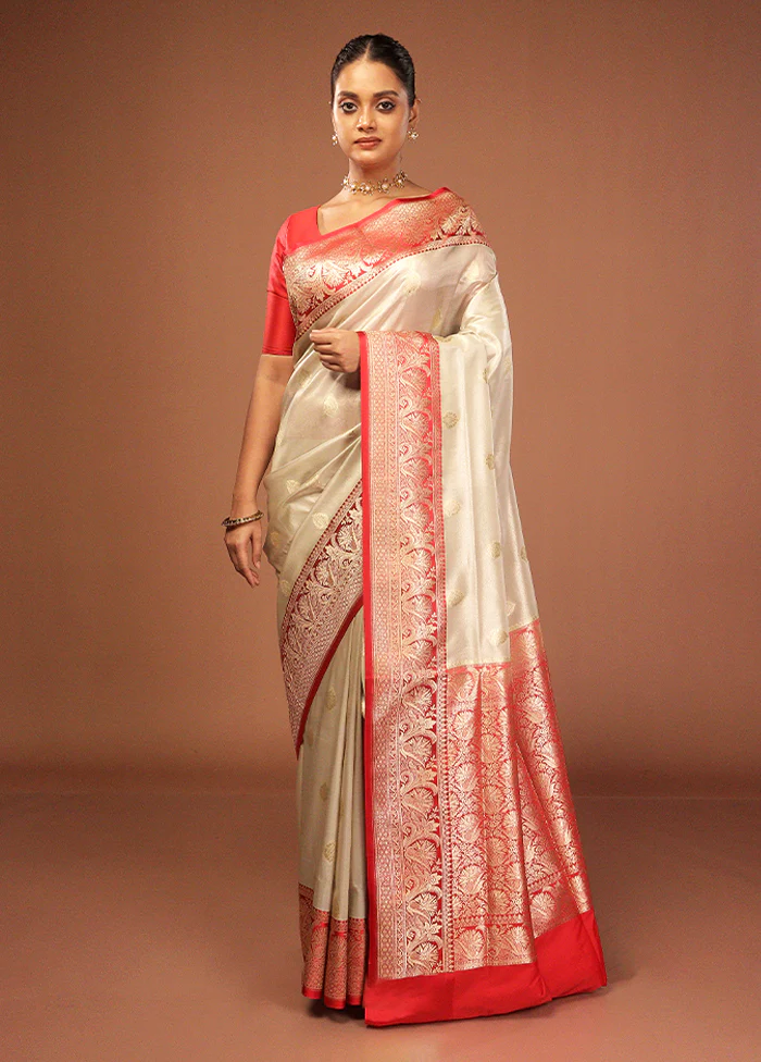 White Tissue Silk Saree With Blouse Piece - Image 2