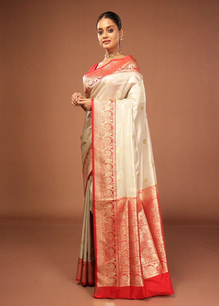 White Tissue Silk Saree With Blouse Piece - Image 4