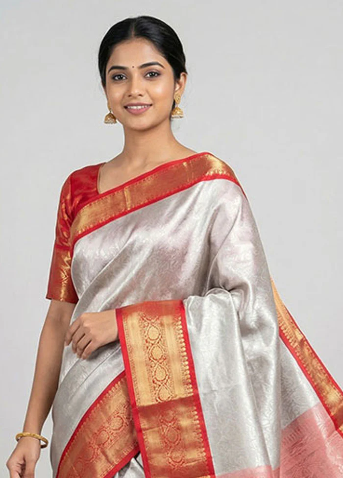 White Tissue Silk Saree With Blouse Piece - Image 2