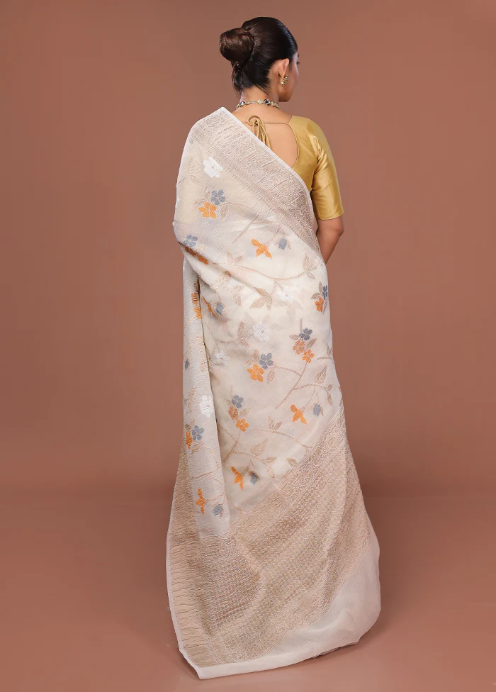 White Tissue Silk Saree With Blouse Piece - Image 3