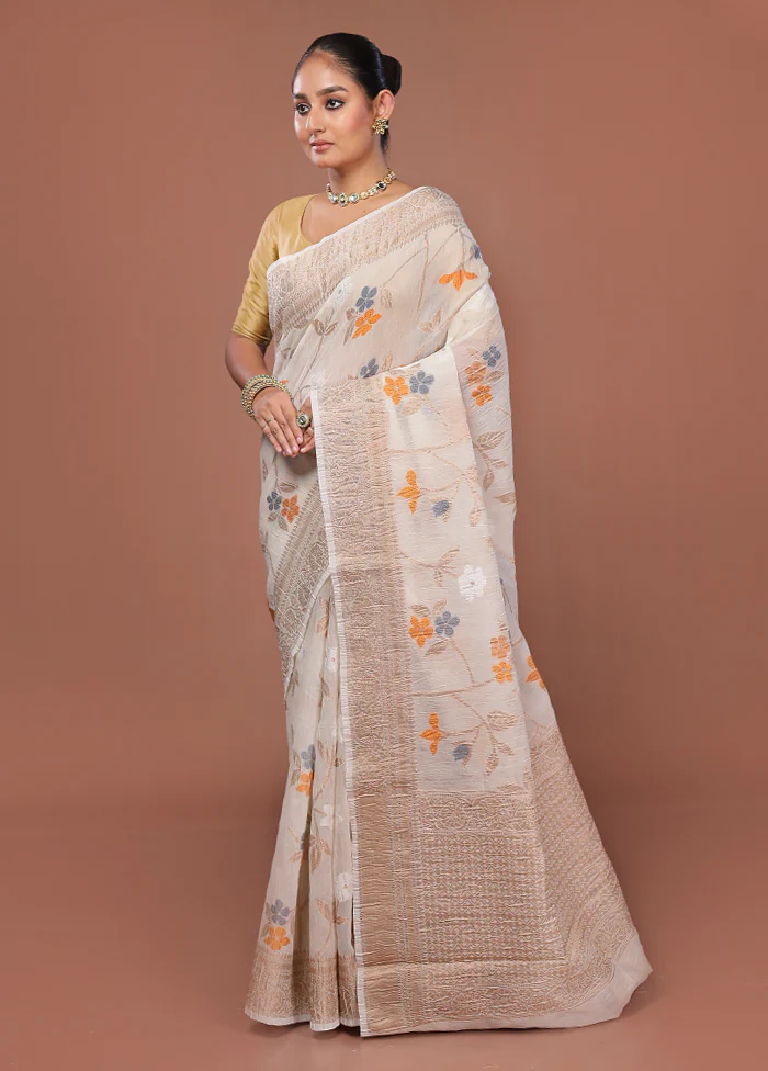 White Tissue Silk Saree With Blouse Piece - Image 4