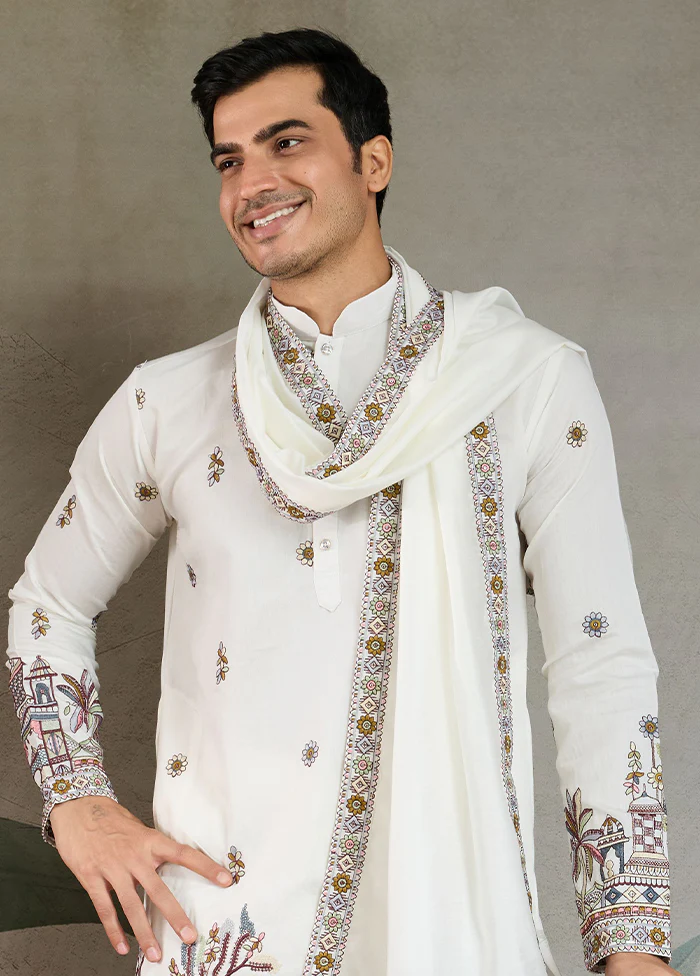 White Viscose Kurta & Pajama Set - Image 2