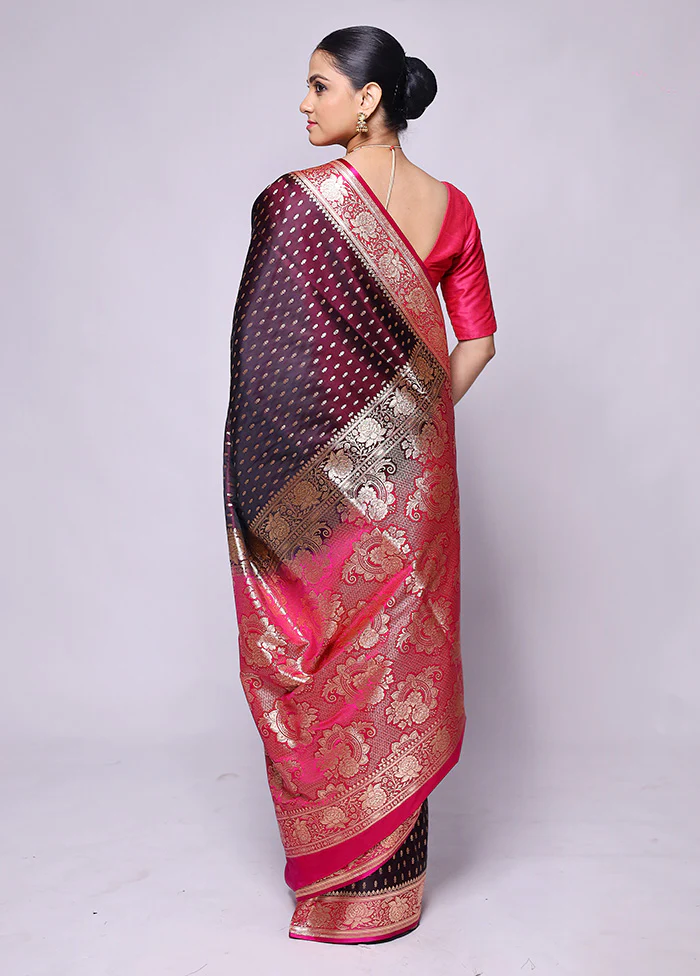 Wine Banarasi Silk Saree With Blouse Piece - Image 3