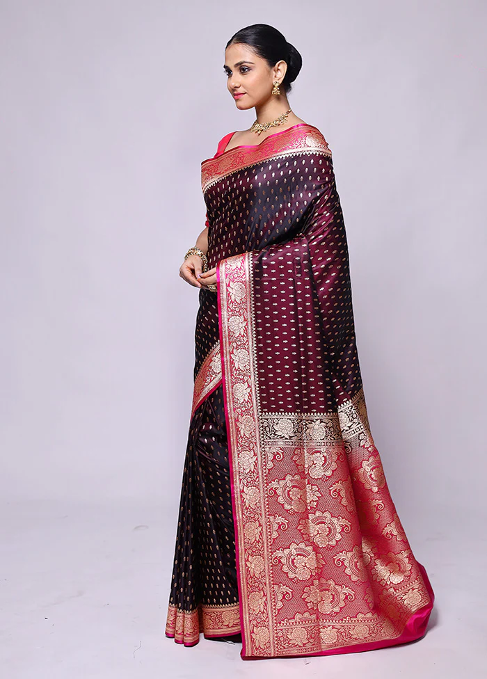 Wine Banarasi Silk Saree With Blouse Piece - Image 4