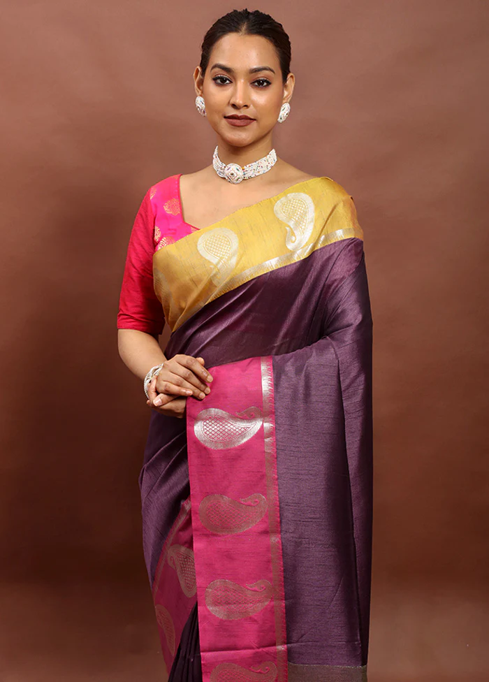 Wine Cotton Saree With Blouse Piece - Image 2