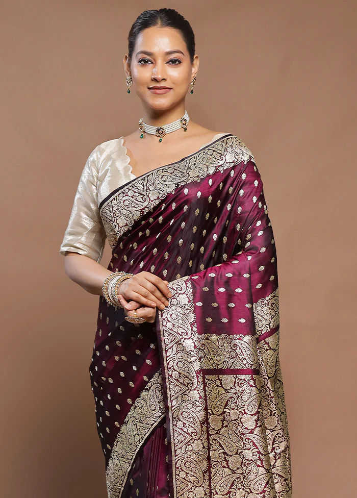 Wine  Handloom Banarasi Pure Silk Saree With Blouse Piece - Image 2