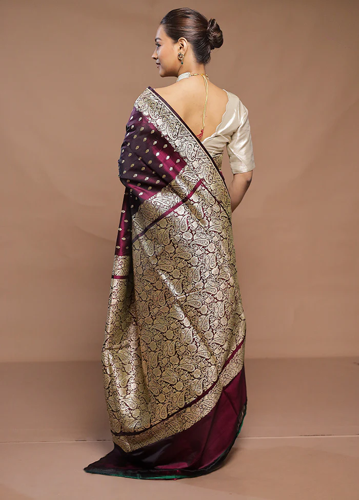 Wine  Handloom Banarasi Pure Silk Saree With Blouse Piece - Image 3