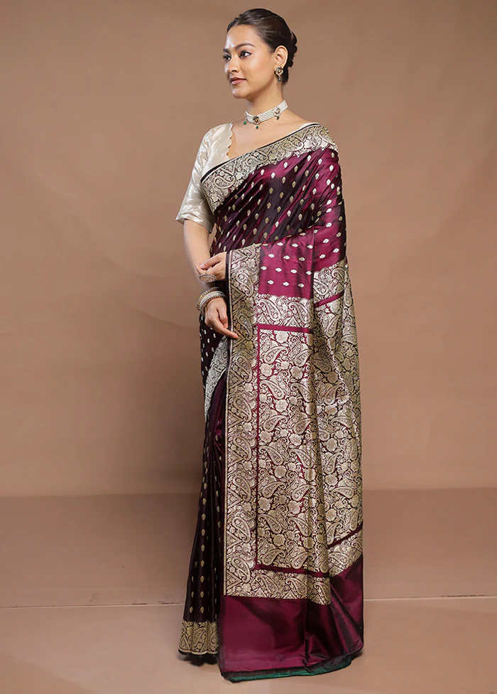Wine  Handloom Banarasi Pure Silk Saree With Blouse Piece - Image 4
