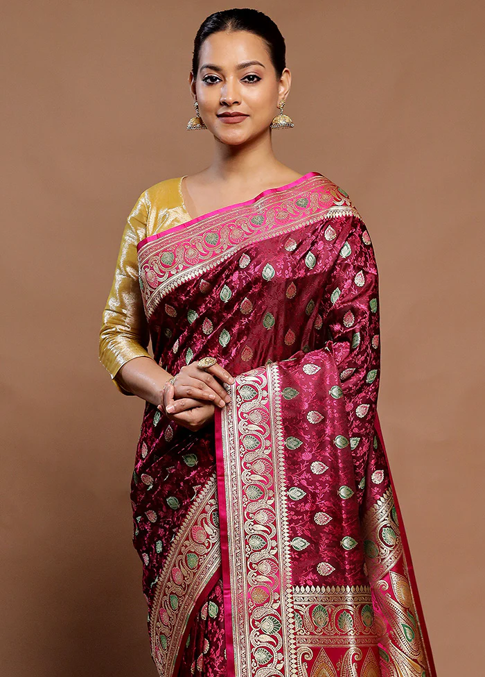 Wine Handloom Tanchoi Pure Silk Saree With Blouse Piece - Image 2
