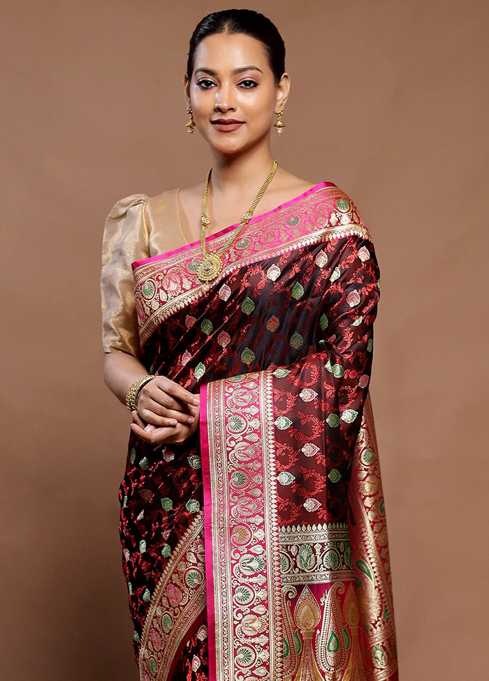 Wine Handloom Tanchoi Pure Silk Saree With Blouse Piece - Image 2