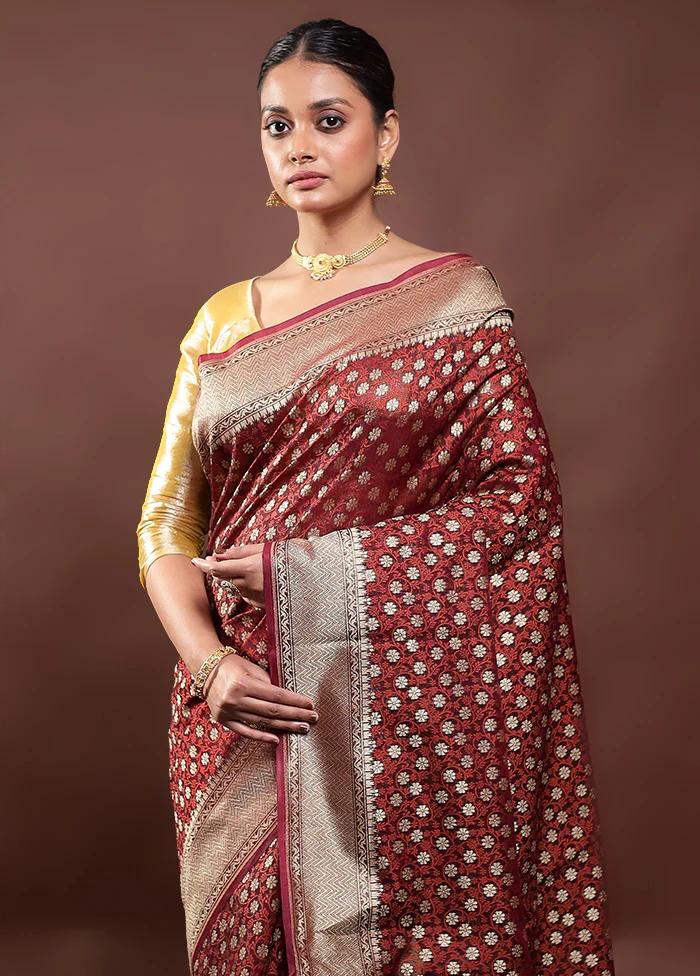 Wine  Kora Silk Saree With Blouse Piece - Image 2