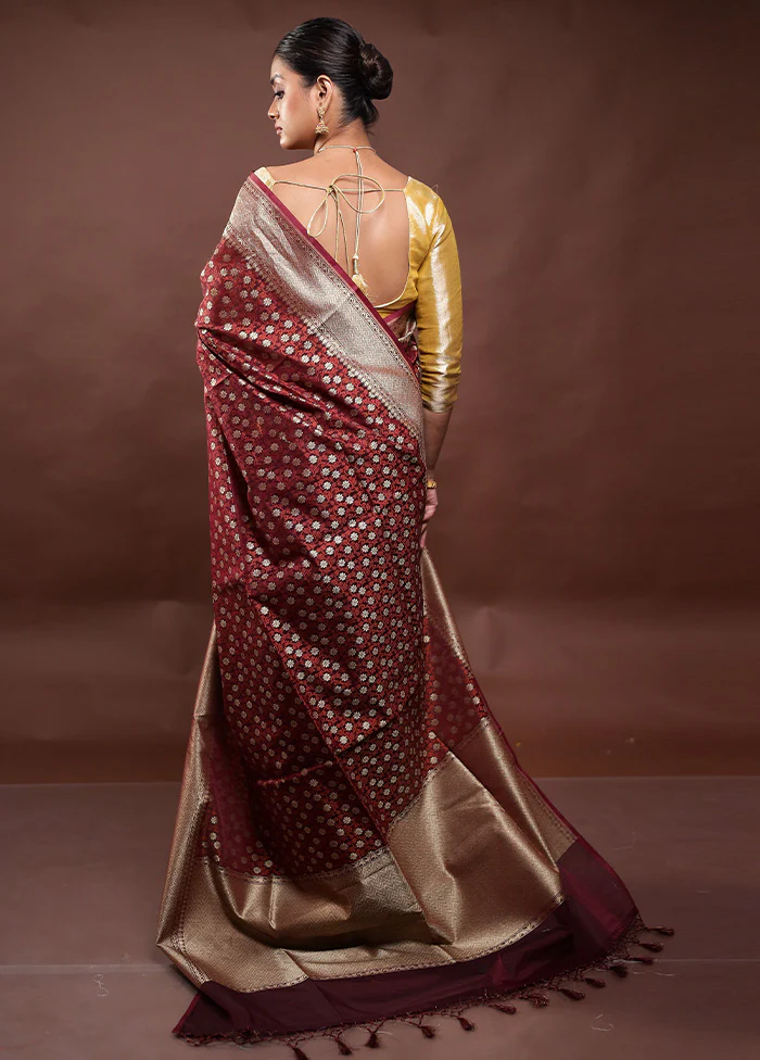Wine  Kora Silk Saree With Blouse Piece - Image 3