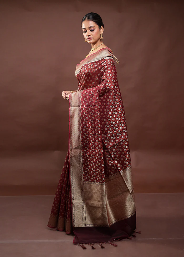 Wine  Kora Silk Saree With Blouse Piece - Image 4