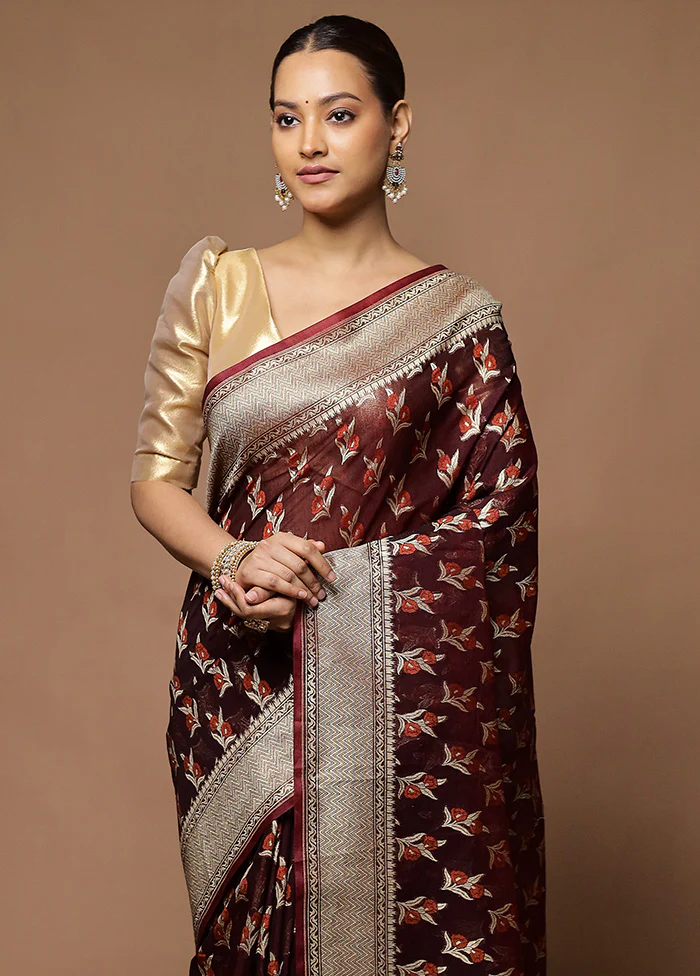 Wine Kora Silk Saree With Blouse Piece - Image 2