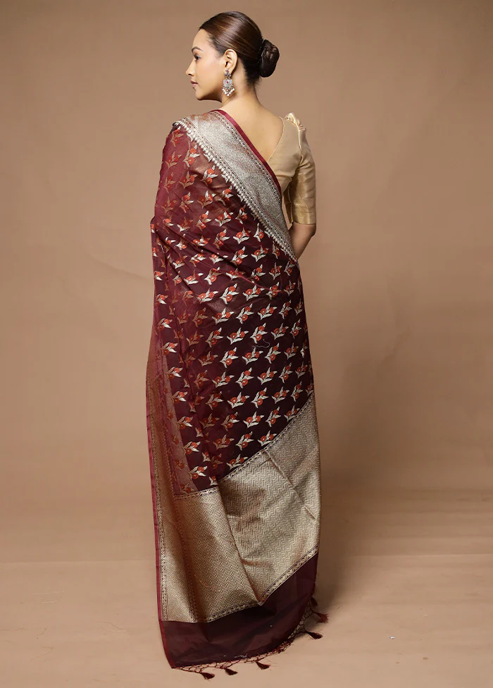 Wine Kora Silk Saree With Blouse Piece - Image 3