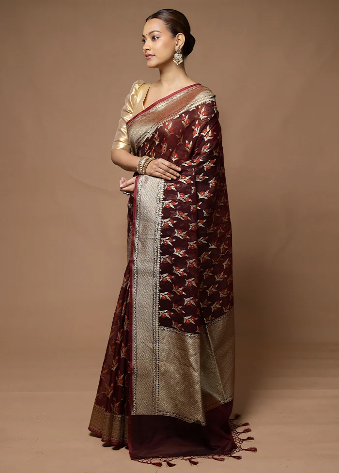 Wine Kora Silk Saree With Blouse Piece - Image 4