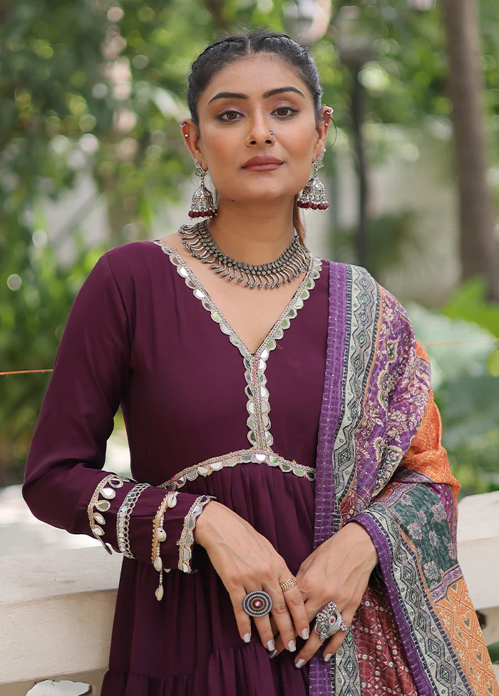Wine Printed Work Silk Gown With Dupatta Set - Image 2