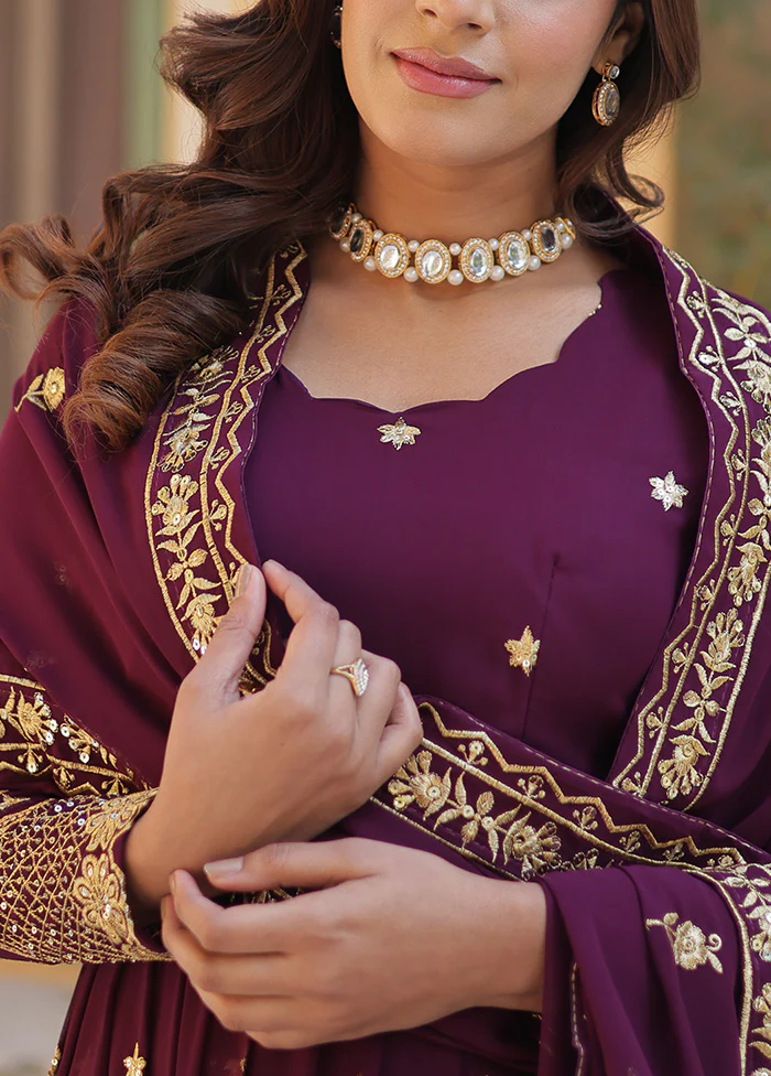 Wine Readymade Georgette Dupatta Indian Dress - Image 3
