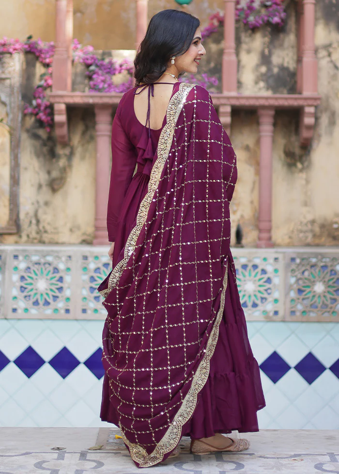 Wine Readymade Georgette Dupatta Indian Dress - Image 2