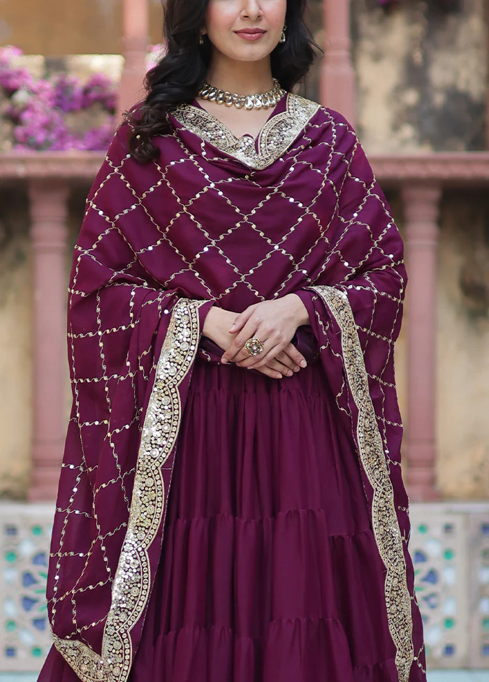Wine Readymade Georgette Dupatta Indian Dress - Image 3