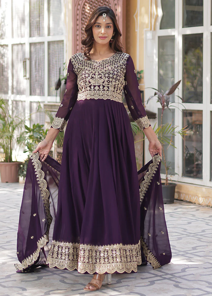 Wine Readymade Georgette Dupatta Indian Dress