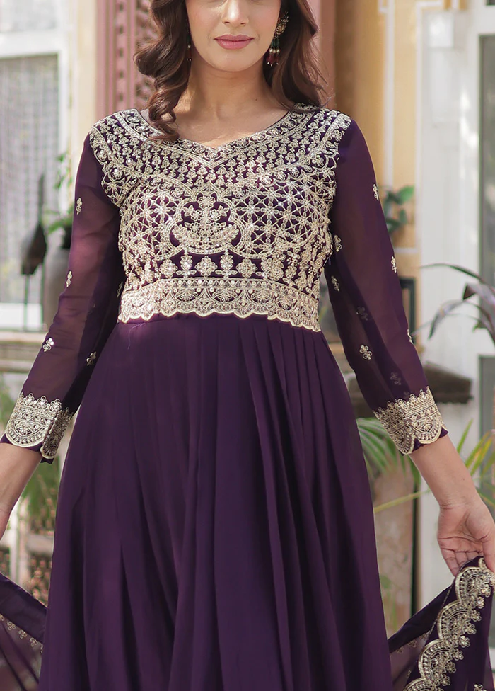 Wine Readymade Georgette Dupatta Indian Dress - Image 3