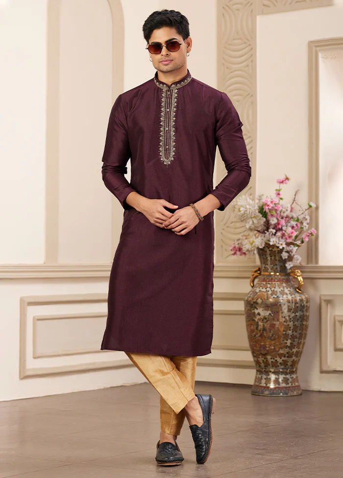 Wine Silk Kurta & Pajama Set