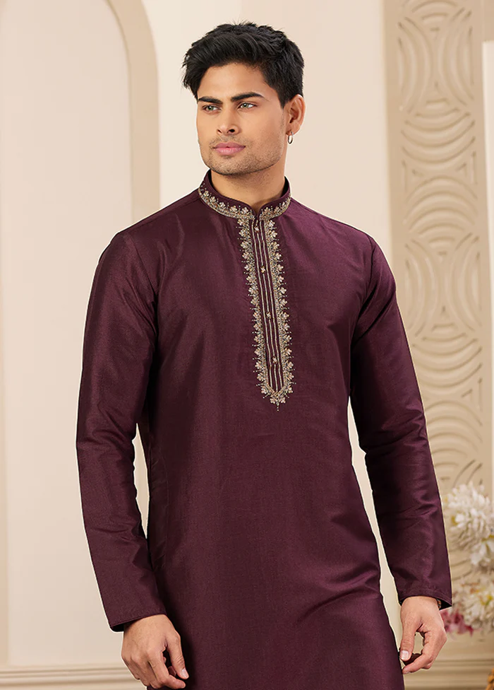 Wine Silk Kurta & Pajama Set - Image 2