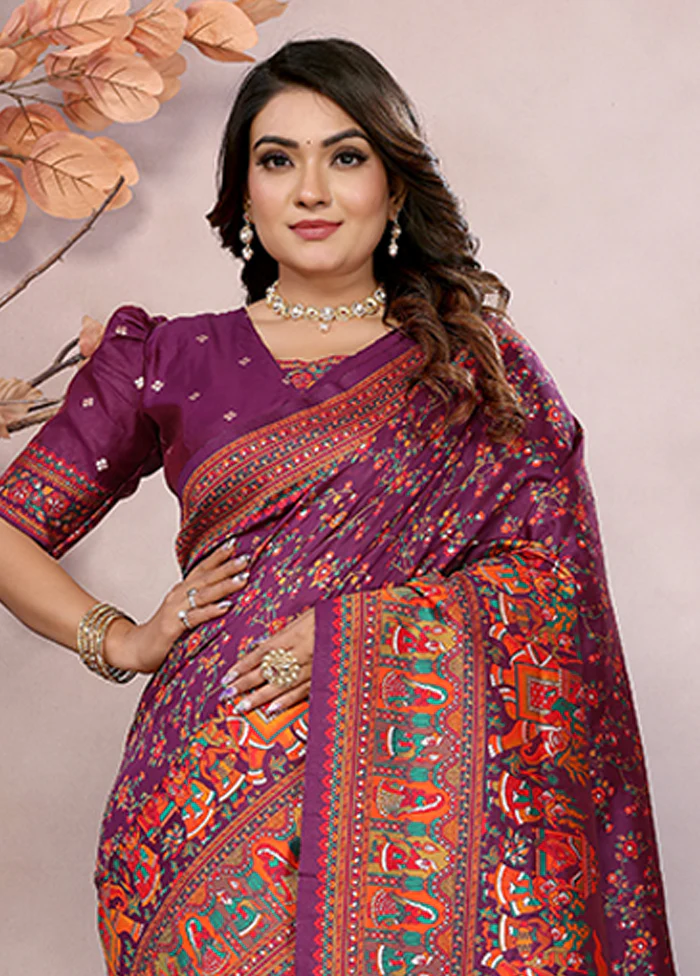 Wine Spun Silk Saree With Blouse Piece - Image 2