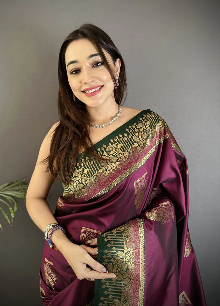 Wine Spun Silk Saree With Blouse Piece - Image 2