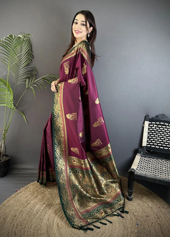 Wine Spun Silk Saree With Blouse Piece - Image 3