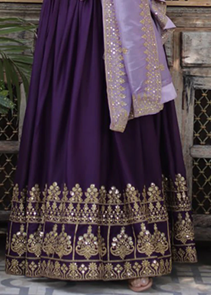 Wine Woven Work Georgette Gown With Dupatta - Image 3