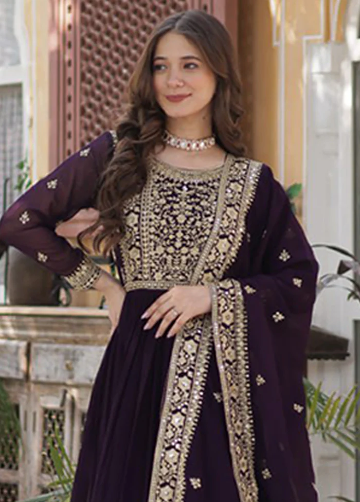 Wine Woven Work Silk Gown With Dupatta - Image 2