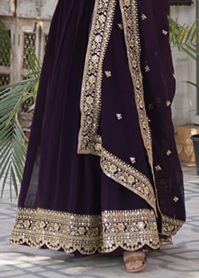 Wine Woven Work Silk Gown With Dupatta - Image 3