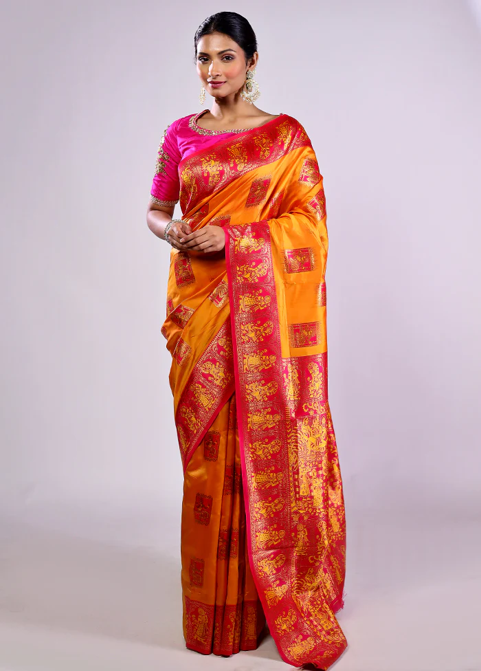 Yellow Baluchari Silk Saree With Blouse Piece - Image 2