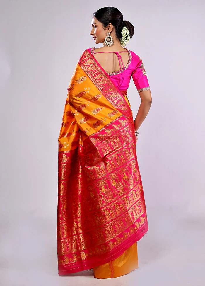 Yellow Baluchari Silk Saree With Blouse Piece - Image 3
