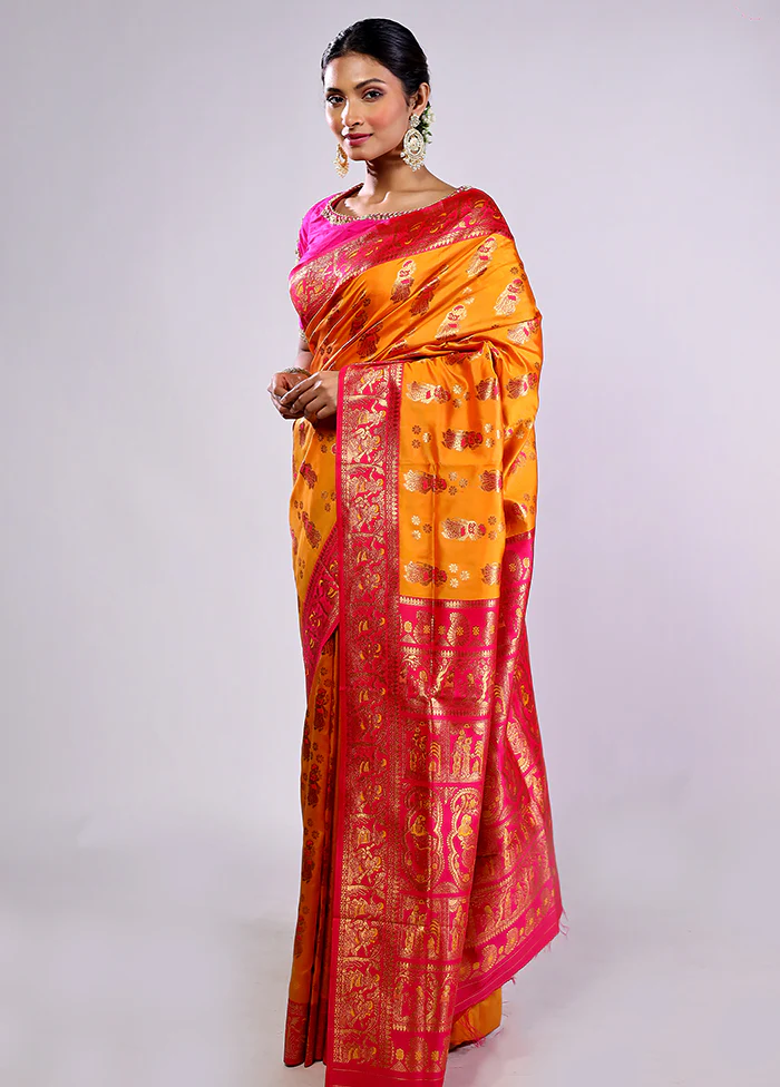 Yellow Baluchari Silk Saree With Blouse Piece - Image 4