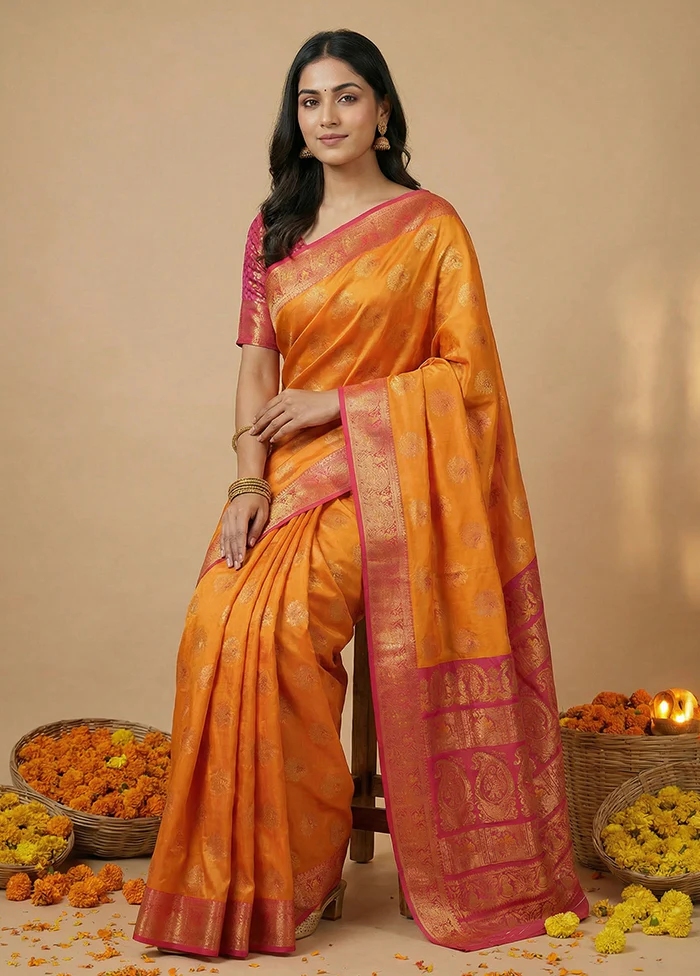 Yellow Baluchari Silk Saree With Blouse Piece - Image 3