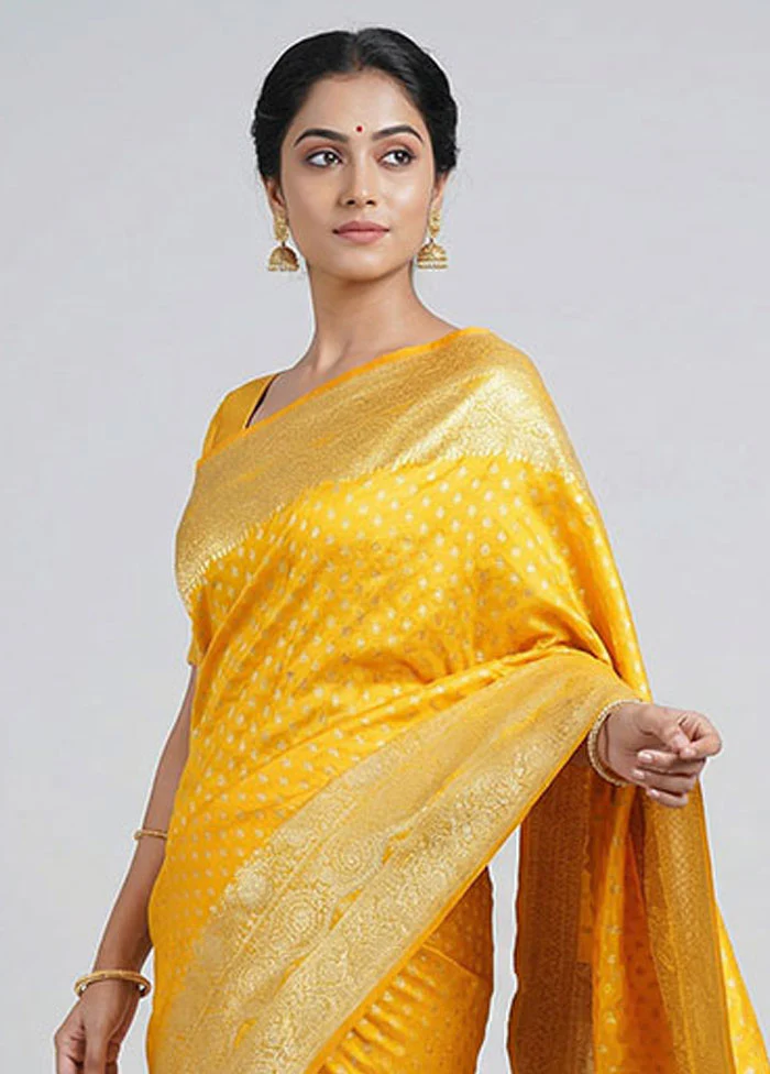 Yellow Banarasi Silk Saree With Blouse Piece - Image 2