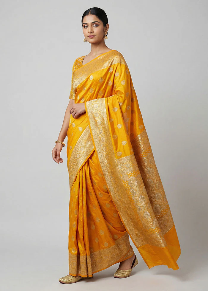 Yellow Banarasi Silk Saree With Blouse Piece