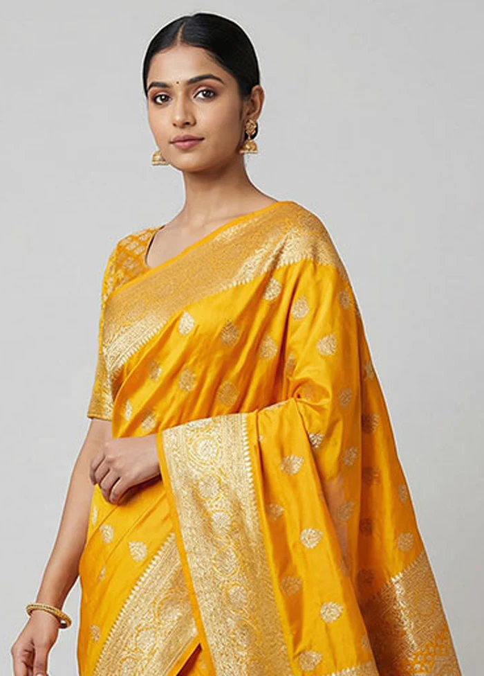 Yellow Banarasi Silk Saree With Blouse Piece - Image 2