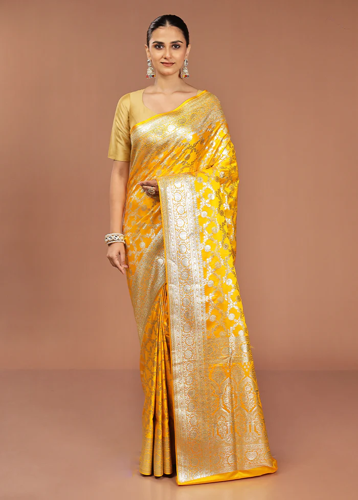 Yellow Banarasi Silk Saree With Blouse Piece - Image 2