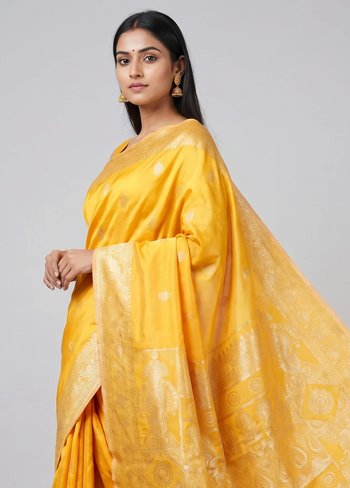 Yellow Banarasi Silk Saree With Blouse Piece - Image 2