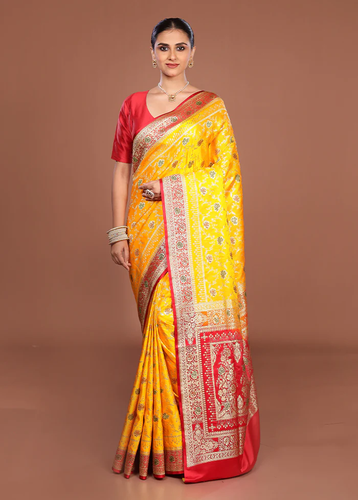 Yellow Banarasi Silk Saree With Blouse Piece - Image 2